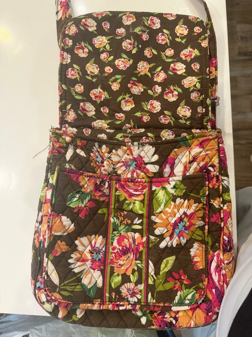 Vera Bradley Brown Floral Quilted Crossbody with Pink and Orange Blooms